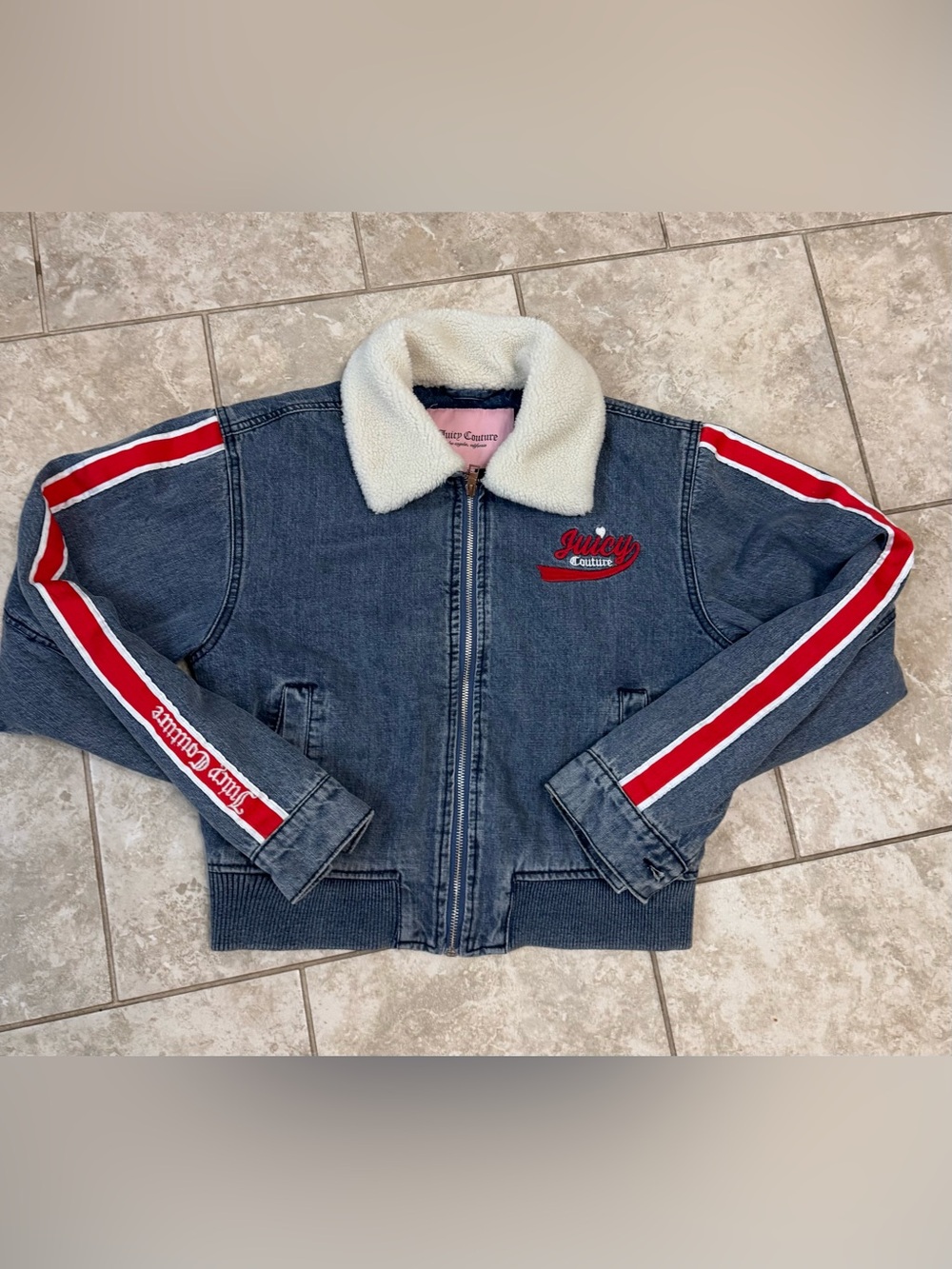 Juicy Couture Blue Denim Jacket with White Sherpa Collar and Red Stripe Accents